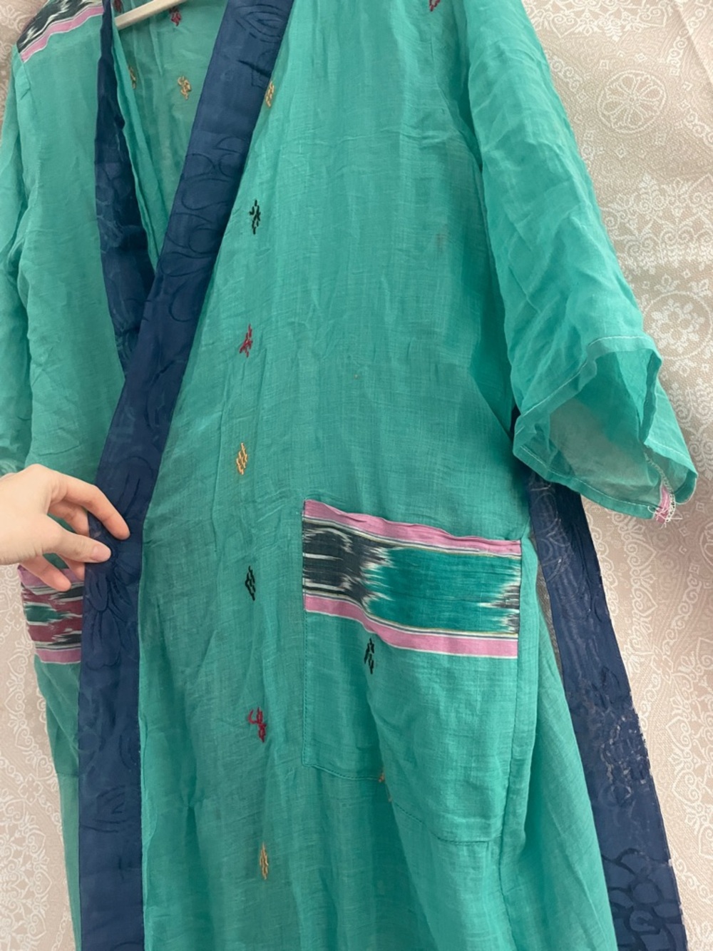 Teal Kimono with Navy Trim with Pockets<3 - Picture 2 of 8